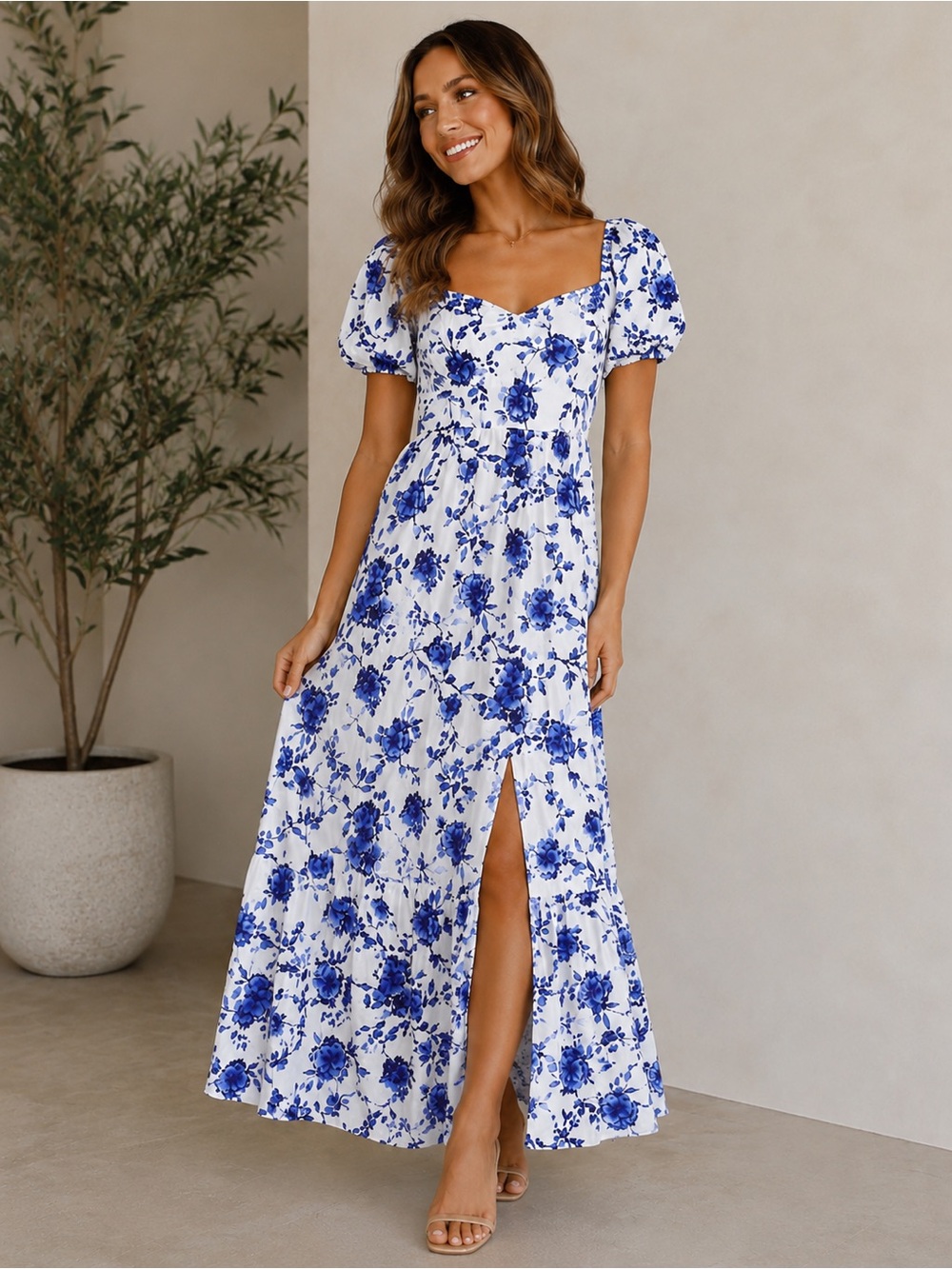 🌺 Olivia Grey Blue & White Floral Maxi Dress